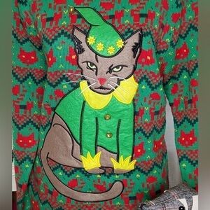 Christmas Cat Sweater 33‎ Degrees, Kitty, Bells, Appliqued, Ugly Size L